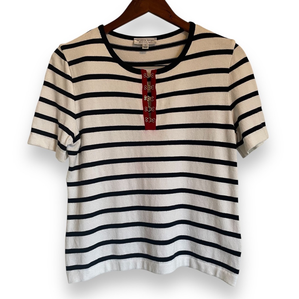 ST. JOHN SPORT by MARIE GRAY Striped Knit Top Red Buckle Detail Size M - Picture 1 of 6